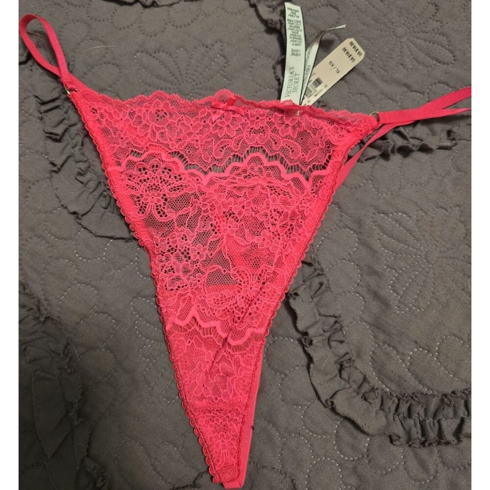 Victoria's Secret Lace Thong Panties Pink XL Bow Accent Stretch Floral